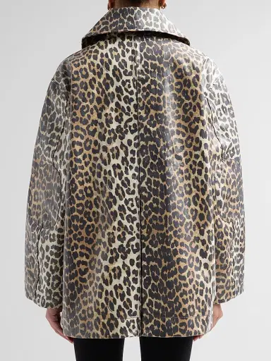 Ganni Women's Laminated Leopard-Print Cotton Canvas Jacket - Almond Milk | Thumbnail 3