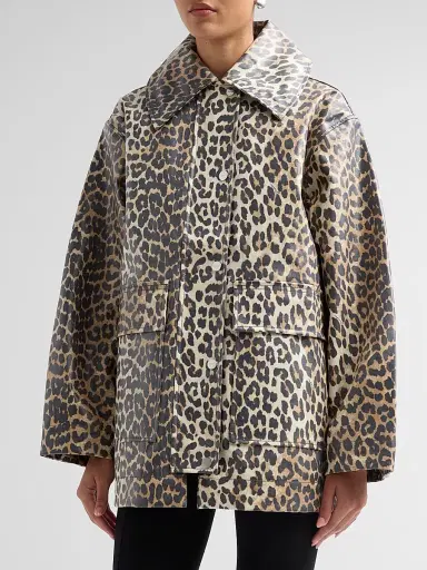 Ganni Women's Laminated Leopard-Print Cotton Canvas Jacket - Almond Milk | Thumbnail 4