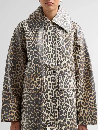 Ganni Women's Laminated Leopard-Print Cotton Canvas Jacket - Almond Milk | Thumbnail 5