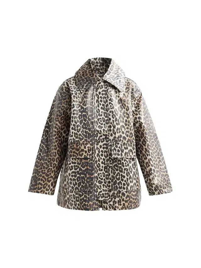 Ganni Women's Laminated Leopard-Print Cotton Canvas Jacket - Almond Milk