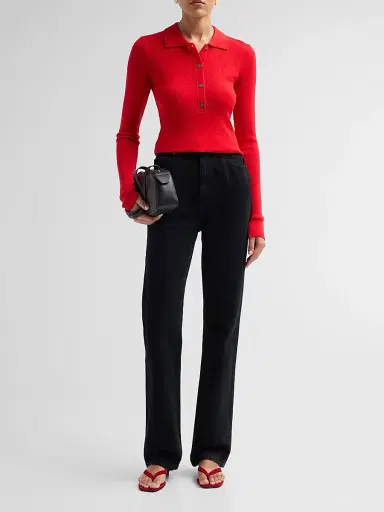 Ganni Women's Mini Merino Rib-Knit Long-Sleeve Polo Top - Goji Berry | Thumbnail 2