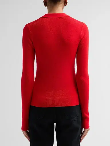Ganni Women's Mini Merino Rib-Knit Long-Sleeve Polo Top - Goji Berry | Thumbnail 3