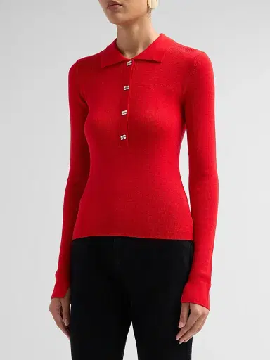 Ganni Women's Mini Merino Rib-Knit Long-Sleeve Polo Top - Goji Berry | Thumbnail 4