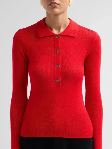 Ganni Women's Mini Merino Rib-Knit Long-Sleeve Polo Top - Goji Berry | Thumbnail 5