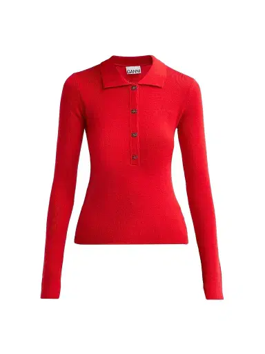 Ganni Women's Mini Merino Rib-Knit Long-Sleeve Polo Top - Goji Berry | Thumbnail 1