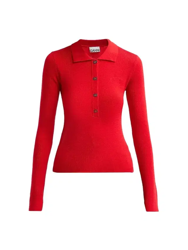 Ganni Women's Mini Merino Rib-Knit Long-Sleeve Polo Top - Goji Berry