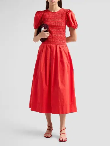 Ganni Women's Stretch-Cotton Smocked Midi Dress - Goji Berry | Thumbnail 2