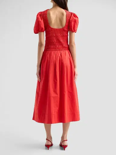 Ganni Women's Stretch-Cotton Smocked Midi Dress - Goji Berry | Thumbnail 3