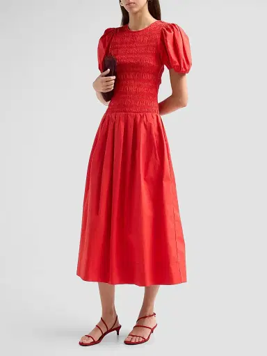 Ganni Women's Stretch-Cotton Smocked Midi Dress - Goji Berry | Thumbnail 4