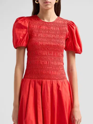 Ganni Women's Stretch-Cotton Smocked Midi Dress - Goji Berry | Thumbnail 5