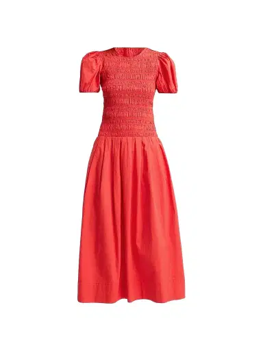 Ganni Women's Stretch-Cotton Smocked Midi Dress - Goji Berry | Thumbnail 1