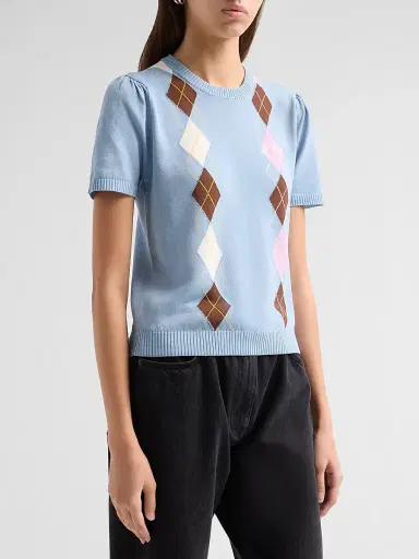 Ganni Women's Argyle Cotton Knit Crewneck T-Shirt - Soft Chambray | Thumbnail 4