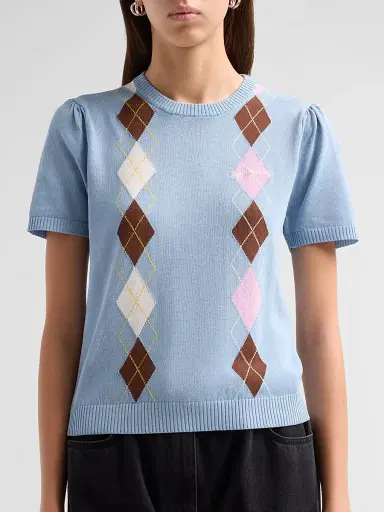 Ganni Women's Argyle Cotton Knit Crewneck T-Shirt - Soft Chambray | Thumbnail 5
