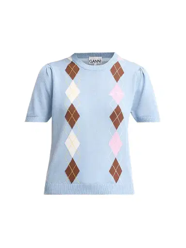 Ganni Women's Argyle Cotton Knit Crewneck T-Shirt - Soft Chambray | Thumbnail 1