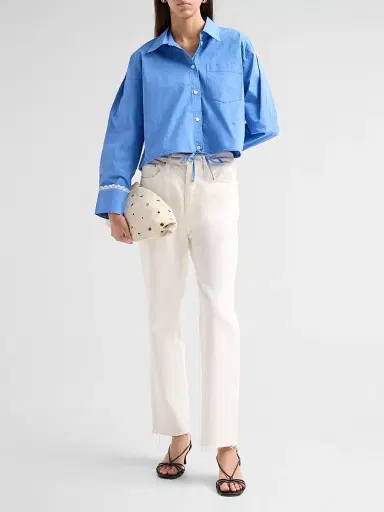 Ganni Women's Stretch Cotton Cropped Bowling Shirt - Marina | Thumbnail 2
