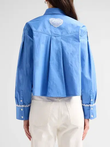 Ganni Women's Stretch Cotton Cropped Bowling Shirt - Marina | Thumbnail 3