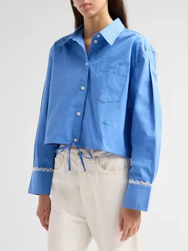 Ganni Women's Stretch Cotton Cropped Bowling Shirt - Marina | Thumbnail 4