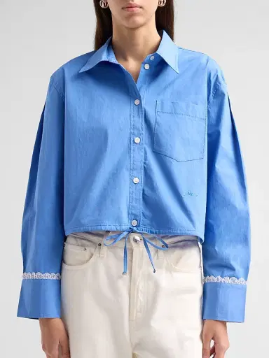 Ganni Women's Stretch Cotton Cropped Bowling Shirt - Marina | Thumbnail 5
