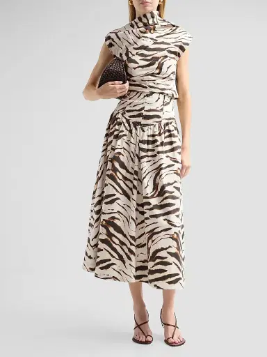 Ganni Women's Tiger Print Stretch Cotton Ruched Top - Egret | Thumbnail 2