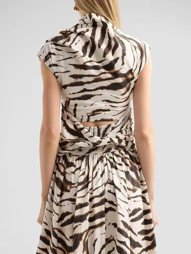 Ganni Women's Tiger Print Stretch Cotton Ruched Top - Egret | Thumbnail 3