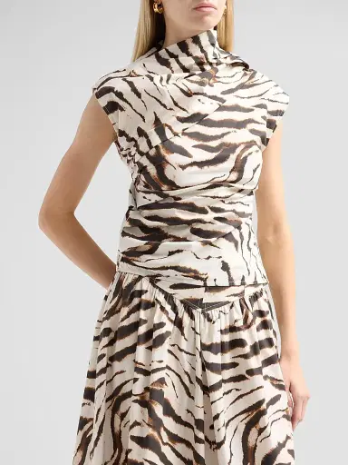 Ganni Women's Tiger Print Stretch Cotton Ruched Top - Egret | Thumbnail 4