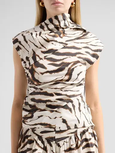 Ganni Women's Tiger Print Stretch Cotton Ruched Top - Egret | Thumbnail 5