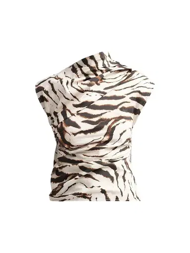 Ganni Women's Tiger Print Stretch Cotton Ruched Top - Egret | Thumbnail 1