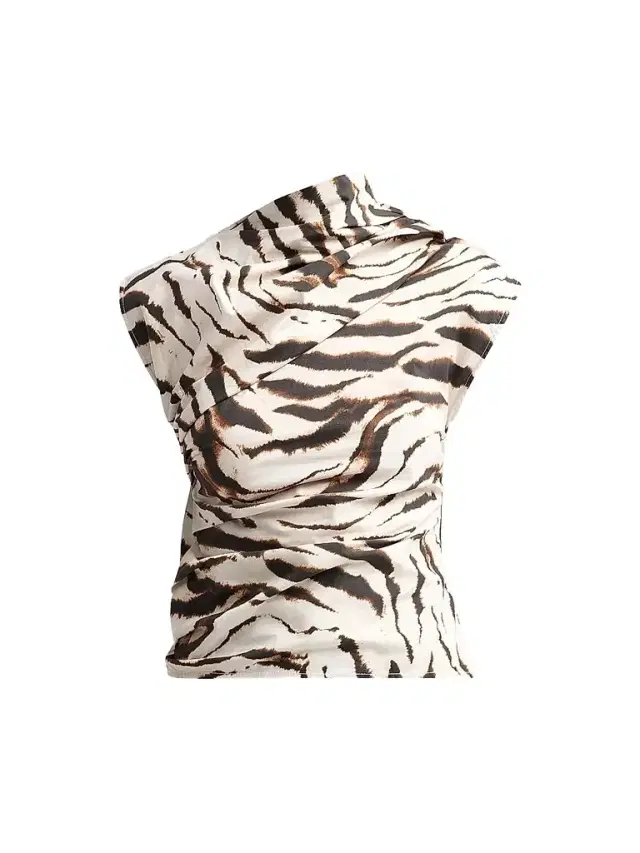 Ganni Women's Tiger Print Stretch Cotton Ruched Top - Egret