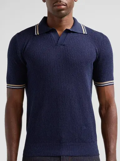 Isaia Men's Varsity Silk-Linen Polo Shirt - Dark Blue - Size Small | Thumbnail 5 Isaia Men's Varsity Silk-Linen Polo Shirt - Dark Blue - Size Small | Thumbnail 5