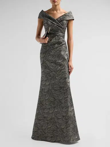 Teri Jon by Rickie Freeman Women's Leaf Pattern Jacquard Off-The-Shoulder Gown - Platinum Multi | Thumbnail 2
