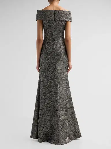 Teri Jon by Rickie Freeman Women's Leaf Pattern Jacquard Off-The-Shoulder Gown - Platinum Multi | Thumbnail 3
