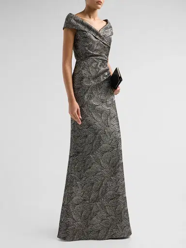 Teri Jon by Rickie Freeman Women's Leaf Pattern Jacquard Off-The-Shoulder Gown - Platinum Multi | Thumbnail 4