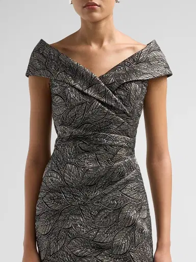 Teri Jon by Rickie Freeman Women's Leaf Pattern Jacquard Off-The-Shoulder Gown - Platinum Multi | Thumbnail 5