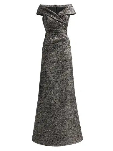 Teri Jon by Rickie Freeman Women's Leaf Pattern Jacquard Off-The-Shoulder Gown - Platinum Multi | Thumbnail 1