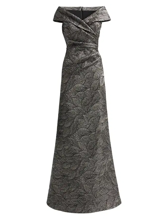 Teri Jon by Rickie Freeman Women's Leaf Pattern Jacquard Off-The-Shoulder Gown - Platinum Multi