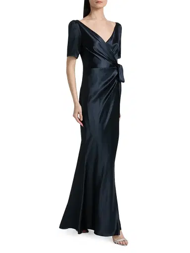 Saloni Women's Marilyn Silk Wrap-Style Gown - Midnight - Size 2 | Thumbnail 4