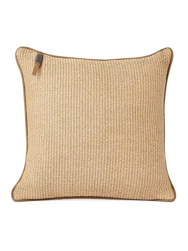 Brunello Cucinelli Raffia Effect Techno Cotton Cushion with Leather Piping | Thumbnail 1 Brunello Cucinelli Raffia Effect Techno Cotton Cushion with Leather Piping | Thumbnail 1