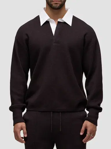 Hudson Jeans Men's Contrast Cotton-Cashmere Long-Sleeve Polo Shirt - Motor | Thumbnail 4 Hudson Jeans Men's Contrast Cotton-Cashmere Long-Sleeve Polo Shirt - Motor | Thumbnail 4
