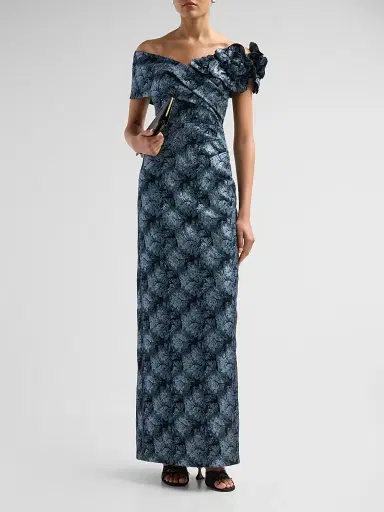 Teri Jon by Rickie Freeman Women's 3D Floral Metallic Jacquard Columnn Gown - Slate Multi - Size 18 | Thumbnail 2 Teri Jon by Rickie Freeman Women's 3D Floral Metallic Jacquard Columnn Gown - Slate Multi - Size 18 | Thumbnail 2
