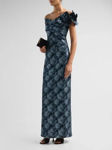 Teri Jon by Rickie Freeman Women's 3D Floral Metallic Jacquard Columnn Gown - Slate Multi - Size 18 | Thumbnail 4 Teri Jon by Rickie Freeman Women's 3D Floral Metallic Jacquard Columnn Gown - Slate Multi - Size 18 | Thumbnail 4