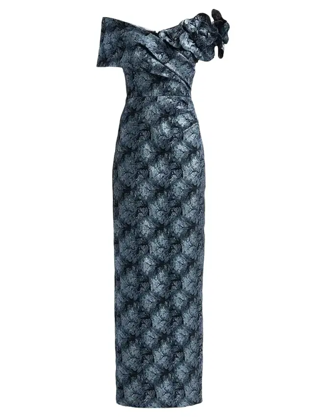 Teri Jon by Rickie Freeman Women's 3D Floral Metallic Jacquard Columnn Gown - Slate Multi