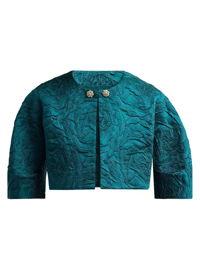 Teri Jon by Rickie Freeman Women's Jacquard Embossed Cropped Bolero Jacket - Emerald