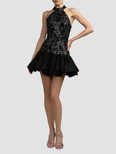 Mac Duggal Women's Beaded Lace Halterneck Bubble Hem Mini Dress - Black Silver | Thumbnail 2