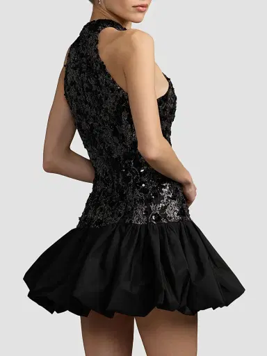 Mac Duggal Women's Beaded Lace Halterneck Bubble Hem Mini Dress - Black Silver | Thumbnail 3