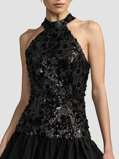 Mac Duggal Women's Beaded Lace Halterneck Bubble Hem Mini Dress - Black Silver | Thumbnail 4