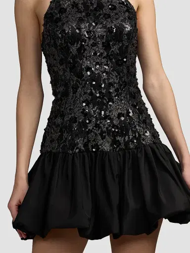 Mac Duggal Women's Beaded Lace Halterneck Bubble Hem Mini Dress - Black Silver | Thumbnail 5