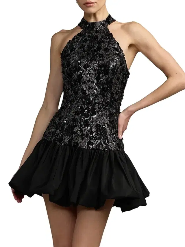 Mac Duggal Women's Beaded Lace Halterneck Bubble Hem Mini Dress - Black Silver