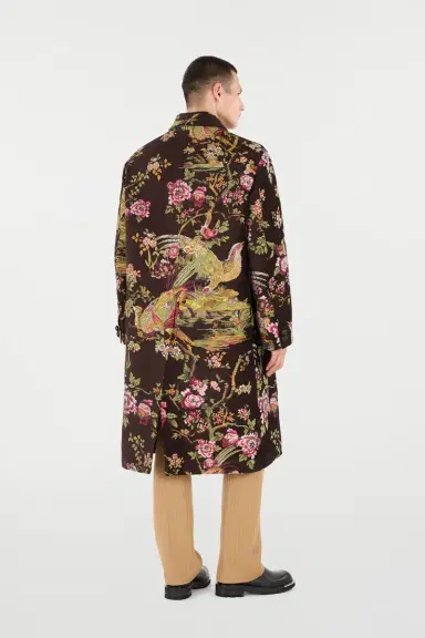 Roberto Cavalli Wool-Blend Coat With Oriental Bird Print | Thumbnail 3