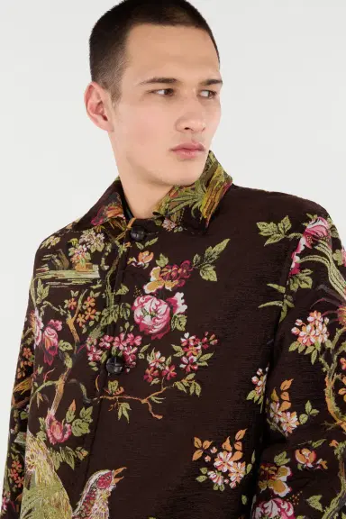 Roberto Cavalli Wool-Blend Coat With Oriental Bird Print | Thumbnail 6