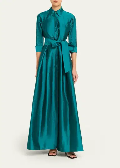 Rickie Freeman for Teri Jon 3/4-Sleeve Taffeta Shirtdress Gown | Thumbnail 2